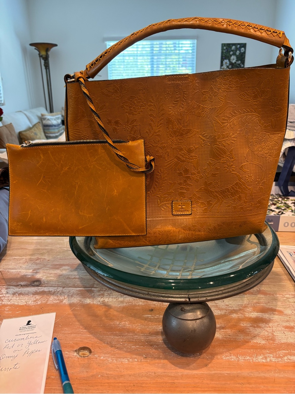 Embossed Shoulder Bag in Cognac Brown
